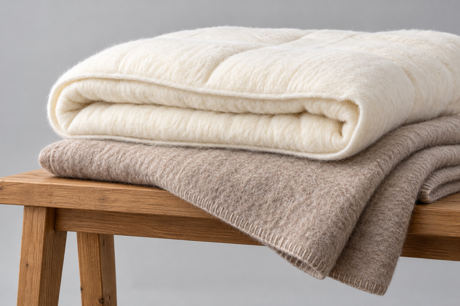 Illustrative wool bedding and folded blanket